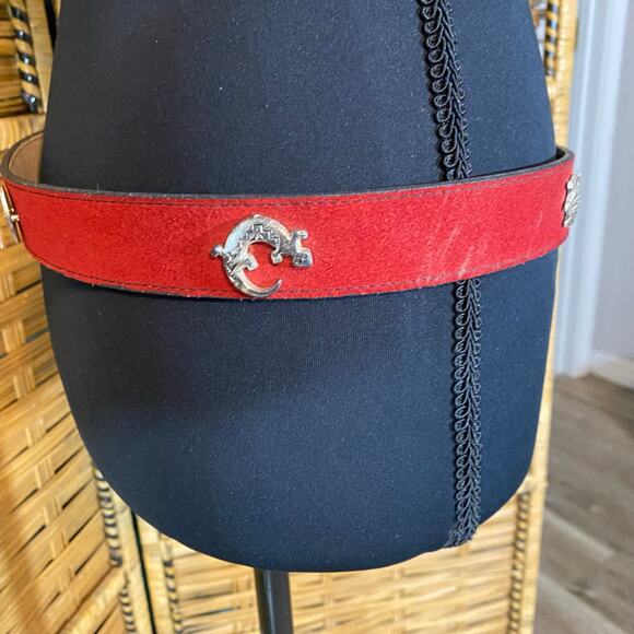 Vintage Red Suede Southwestern Concho Belt Silver Animal Symbols - Picture 8 of 12